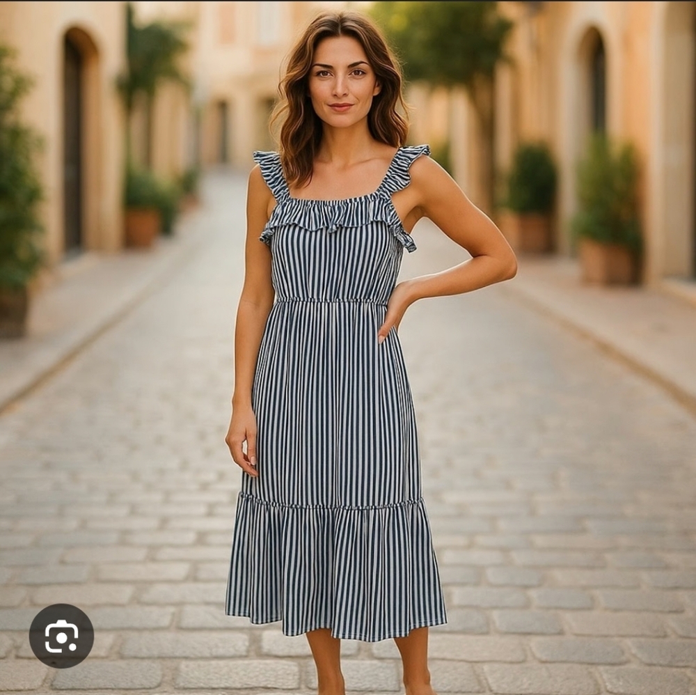 Michael Kors Striped Midi Ruffle Dress L